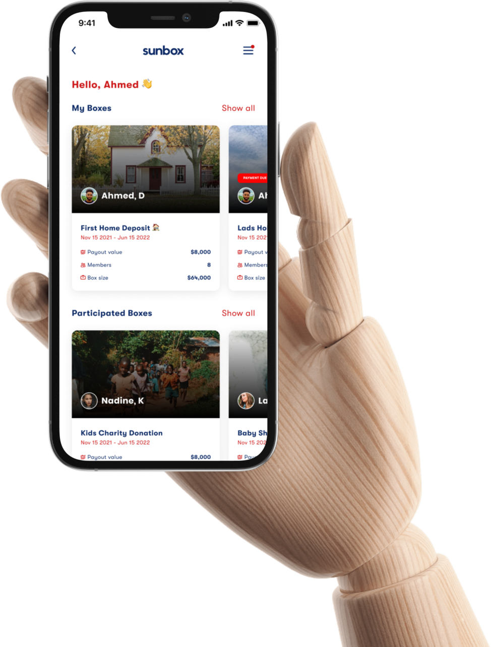 iPhone with sunbox app being held by wooden hand